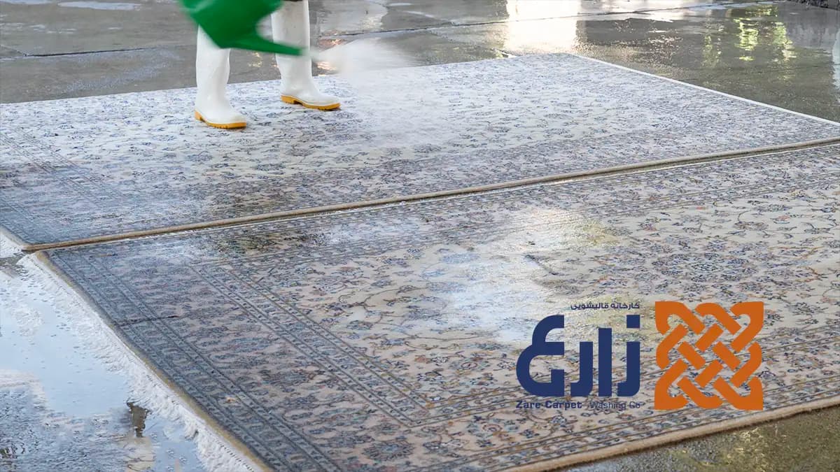 کارگر قالیشویی زارع در حال پاشیدن مایع روی سطح فرش در مرحله شست‌وشو